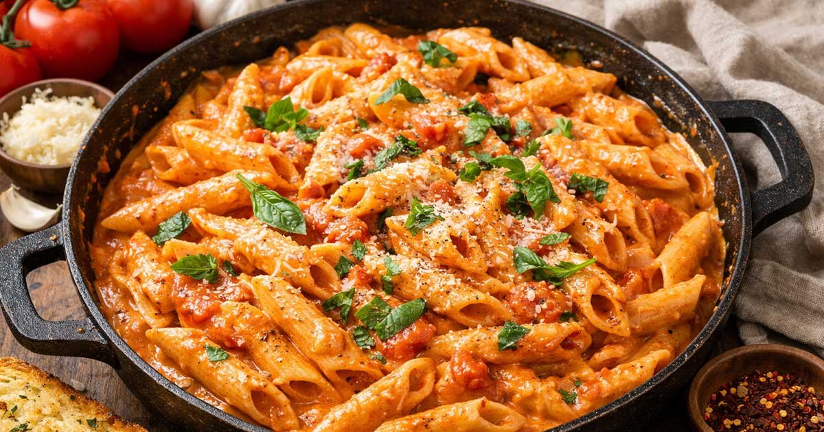 Creamy tomato garlic pasta in a skillet, topped with parmesan and fresh basil, served with garlic bread and tomatoes.