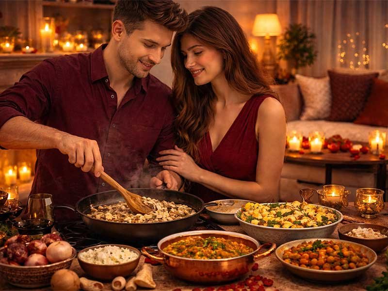 A couple cooking together in a cozy candlelit kitchen, with a pan on the stove and dinner dishes on the table.