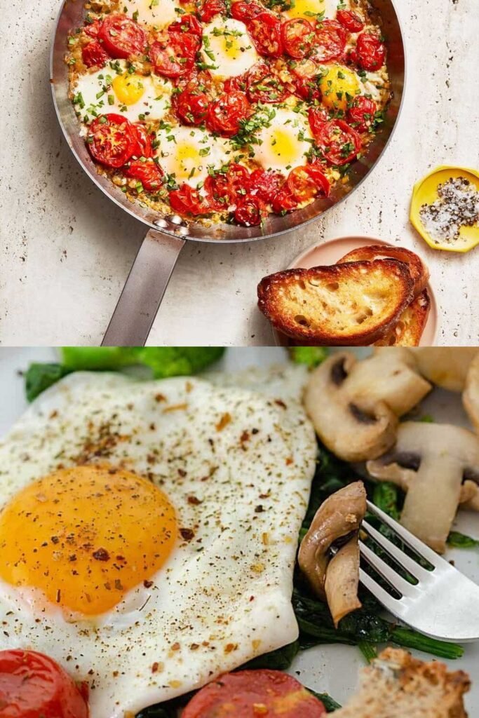 Diabetes-friendly breakfast with eggs cooked with tomatoes and herbs, served alongside sautéed spinach, mushrooms, and toasted bread.