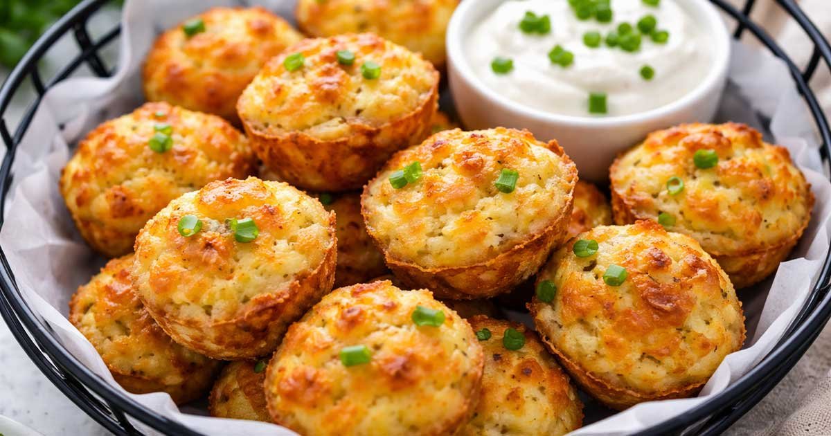 Basket of golden mashed potato cheese puffs topped with chopped green onions, served with a bowl of creamy dipping sauce.