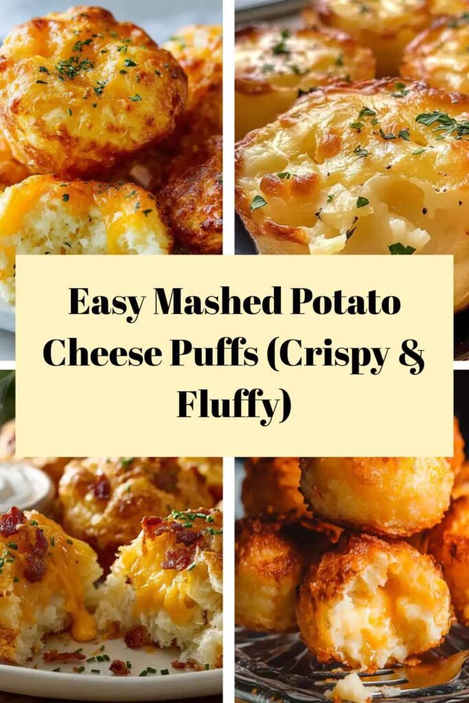 Golden mashed potato cheese puffs with crispy edges and fluffy, cheesy centers, baked until golden brown and garnished lightly with herbs.