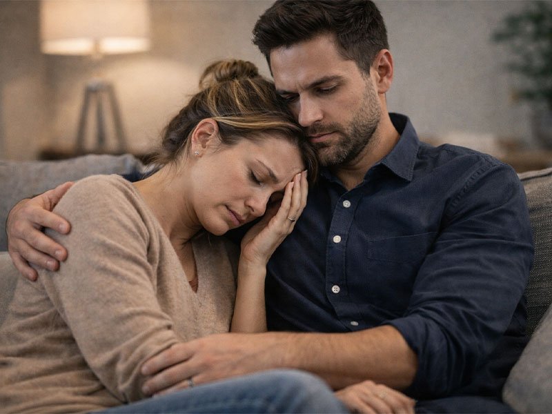 A worried couple sits on a couch at home. The woman looks upset and rests her head on the man’s shoulder while he hugs her, showing comfort and emotional support.