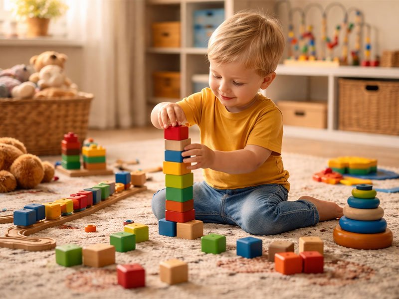 Toddler playing independently with colorful building blocks, encouraging independent play and exploration.