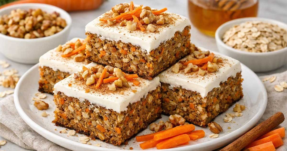 Flourless oatmeal carrot cake squares topped with creamy frosting, walnuts, and grated carrots served on a plate.