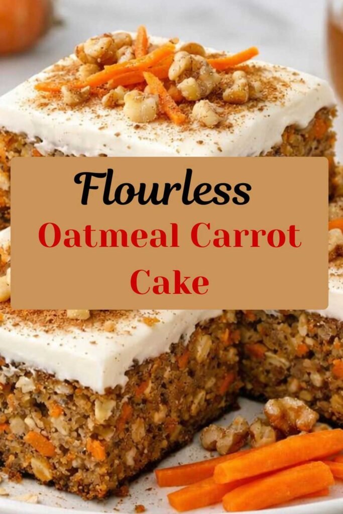 Flourless oatmeal carrot cake squares topped with creamy frosting, walnuts, carrot shreds, and cinnamon on a serving plate.