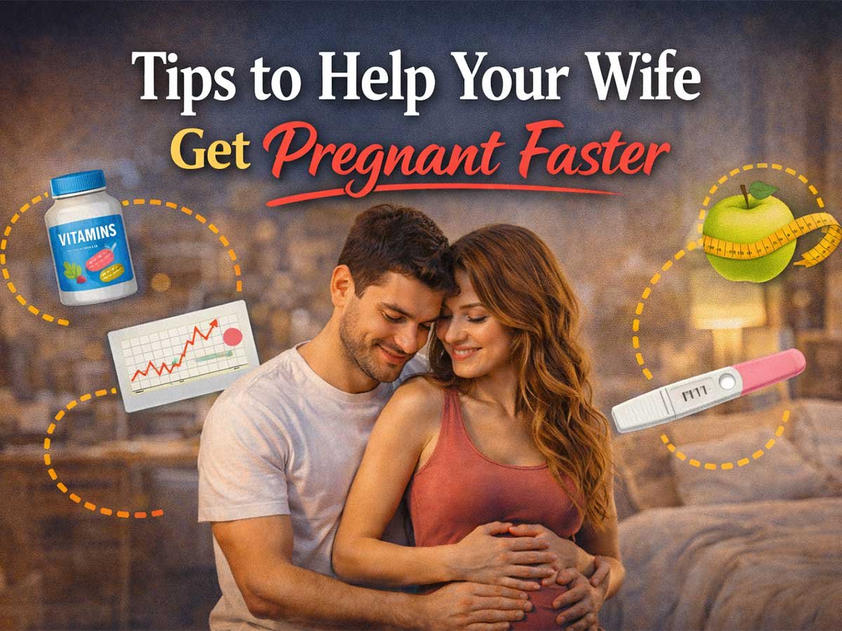 A happy couple embracing in a bedroom, smiling and holding hands on the woman’s stomach. Text reads “Tips to Help Your Wife Get Pregnant Faster,” with icons showing vitamins, a fertility chart, healthy food, and a pregnancy test.
