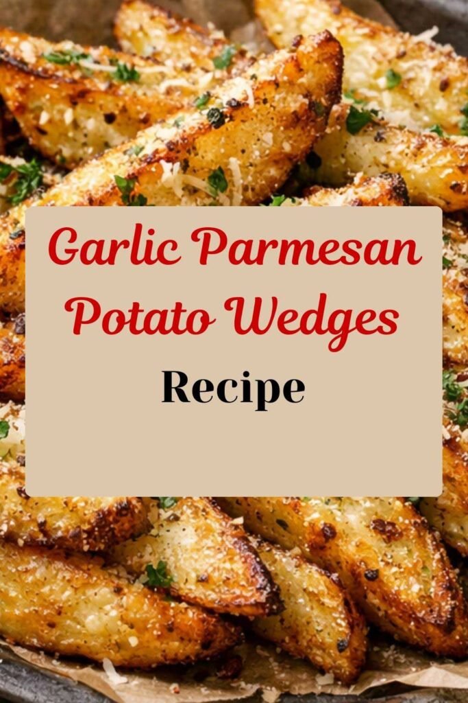 Golden crispy garlic parmesan potato wedges topped with herbs and grated cheese, served hot on a platter.