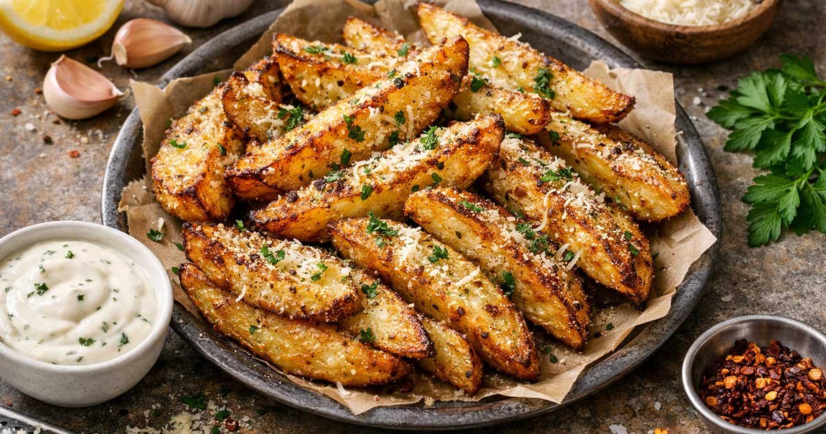 Crispy garlic parmesan potato wedges served on a platter with dipping sauce, fresh herbs, and grated parmesan.