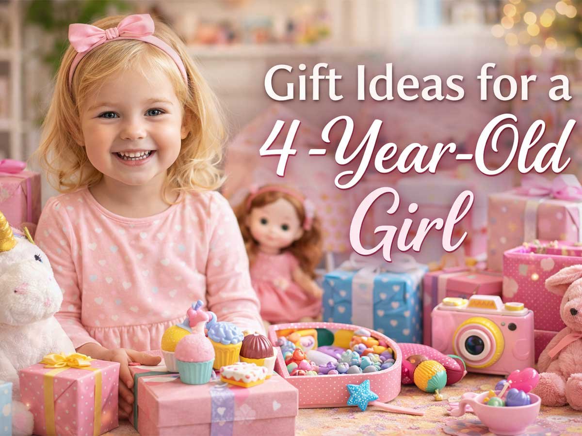 Smiling little girl surrounded by toys and gift boxes with text: “Gift Ideas for a 4-Year-Old Girl.”