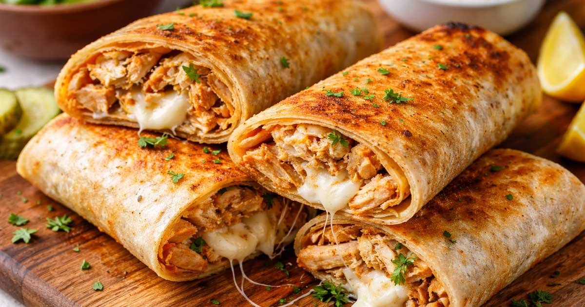 Golden crispy air fryer chicken mozzarella wraps cut in half with melted cheese on a wooden board.