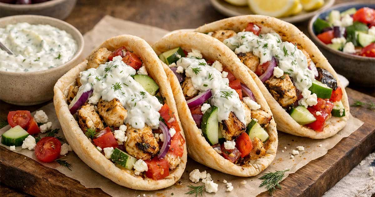 Greek chicken pitas filled with grilled chicken, cucumbers, tomatoes, red onions, feta cheese, and creamy tzatziki sauce.