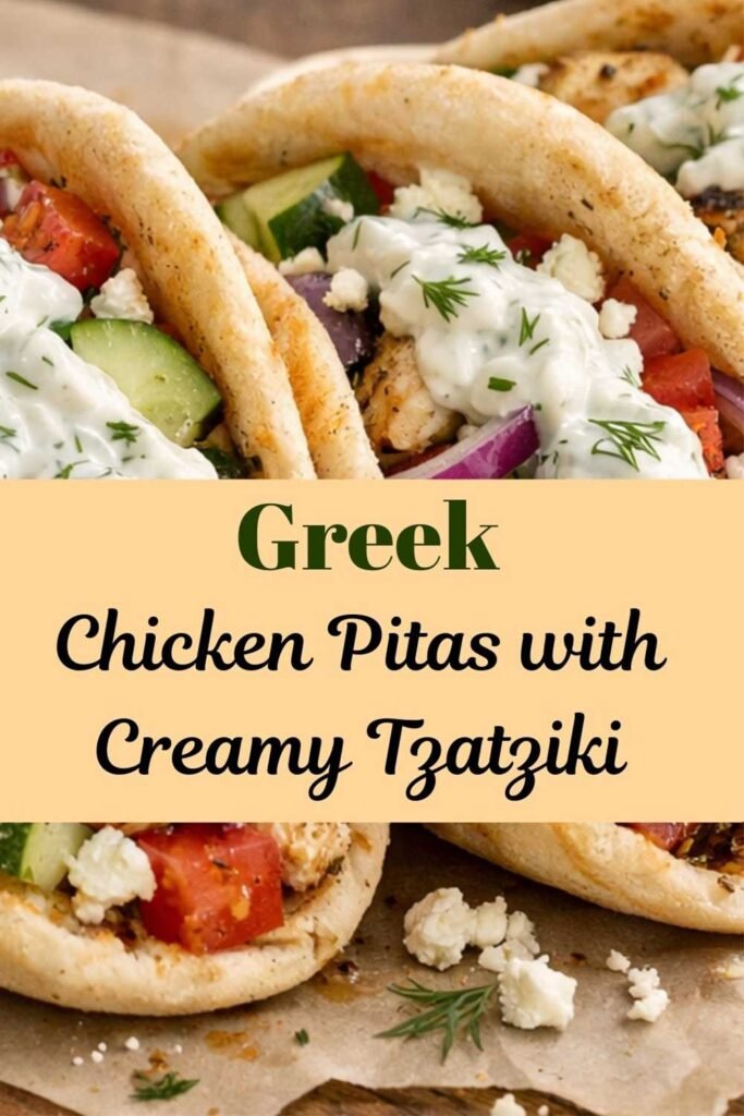 Greek chicken pitas stuffed with grilled chicken, fresh vegetables, feta, and creamy tzatziki sauce in warm pita bread.