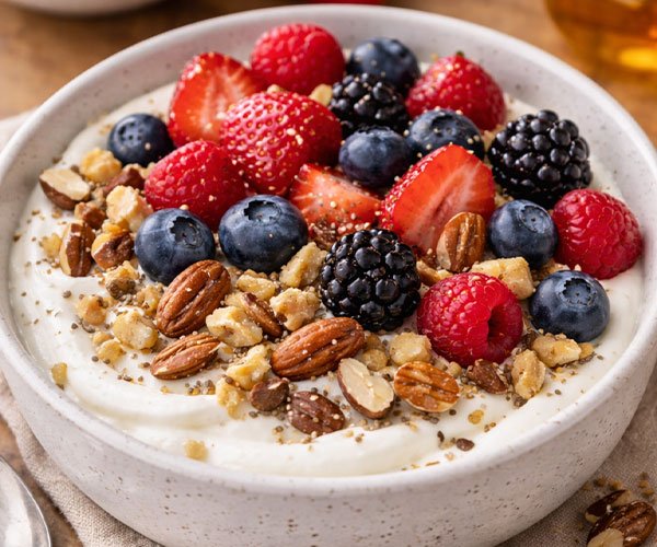 Greek yogurt bowl topped with fresh berries, mixed nuts, and seeds served as a healthy breakfast.