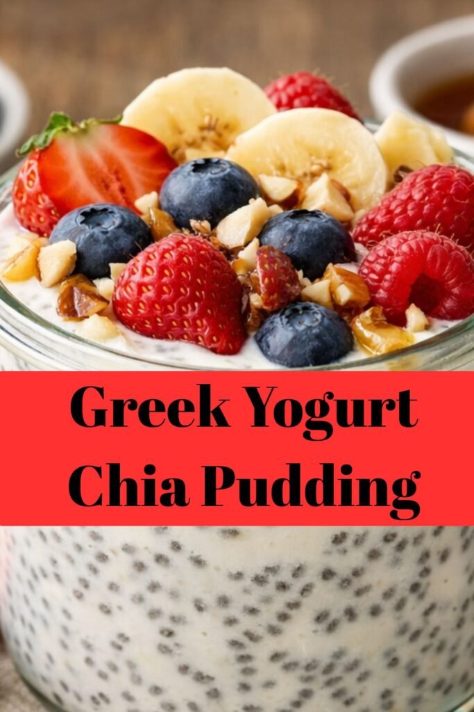 Creamy Greek yogurt chia pudding topped with fresh strawberries, blueberries, raspberries, banana slices, and chopped nuts in a glass jar.