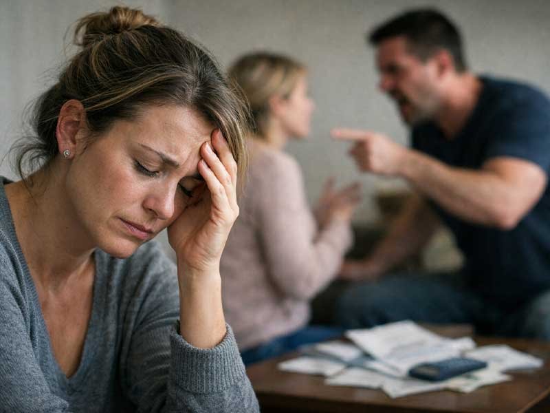 A stressed woman sits in the foreground with her hand on her forehead, deep in thought, reflecting on how her husband constantly blames her, while in the blurred background he appears pointing and arguing across a table with scattered papers and a calculator.
