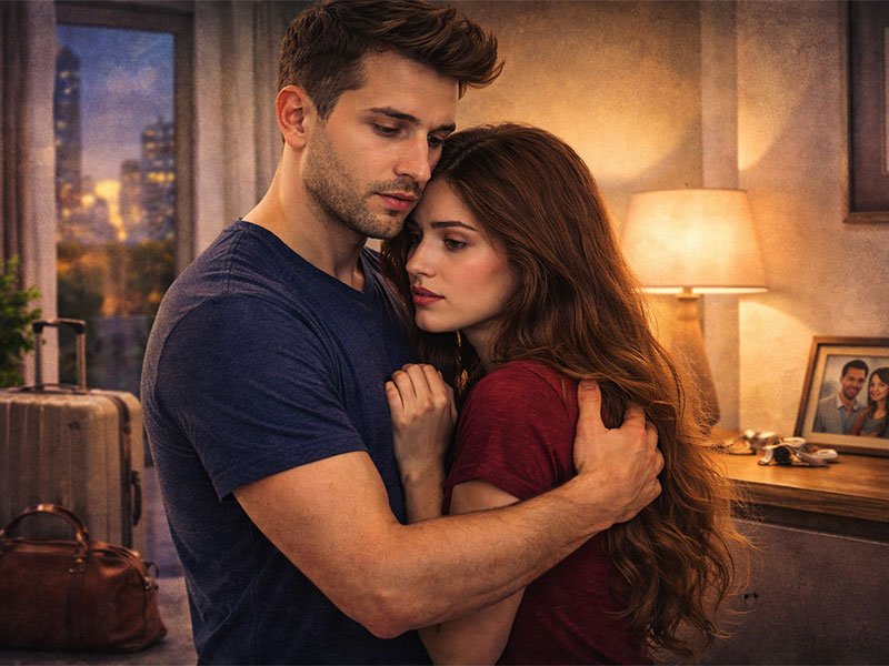 A couple hugging closely in a room, looking serious and emotional, with a city view in the background.