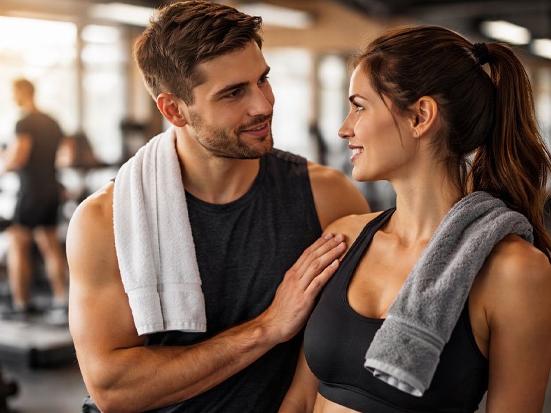A man and woman smiling at the gym, with towels on their shoulders, talking closely.