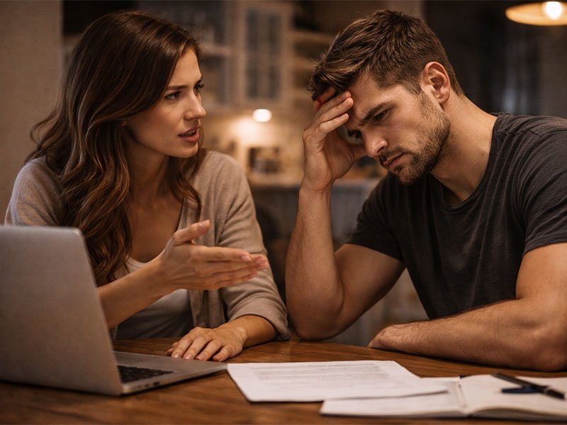 A couple arguing at a table with a laptop and papers, while the man looks stressed and holds his head.