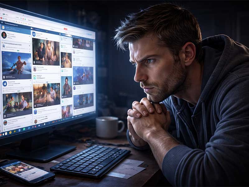 A man sitting at a desk, staring closely at a computer screen filled with social media posts late at night.