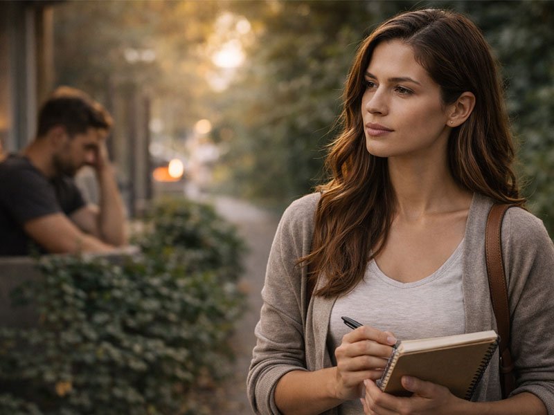 Woman holding a notebook and pen, looking thoughtful outdoors, with a man sitting in the background appearing upset.