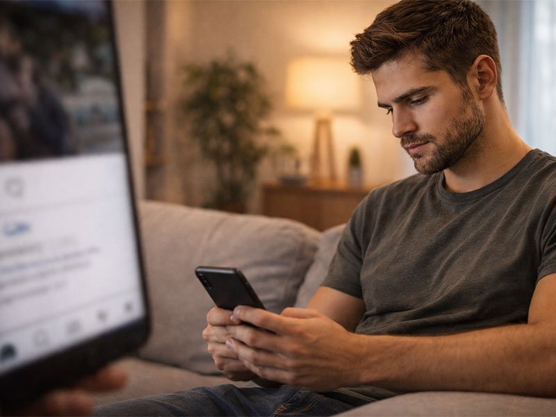 A man sitting on a couch looking at his phone, while a blurred social media screen is in the foreground.