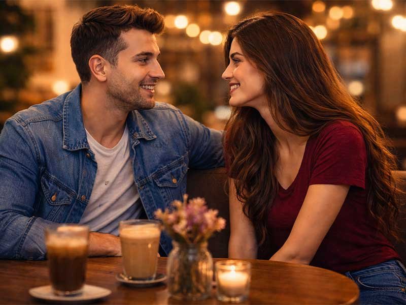A smiling couple sitting at a café table, looking into each other’s eyes with drinks in front of them.