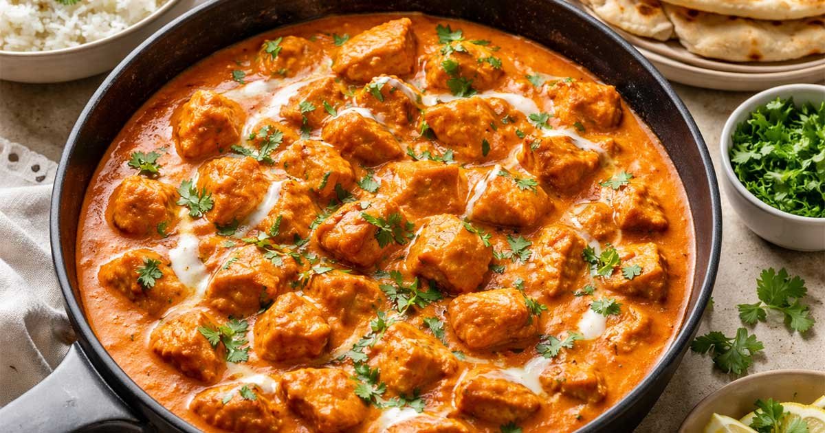 Creamy homemade butter chicken in a skillet, served with fluffy rice, warm naan, and fresh cilantro.
