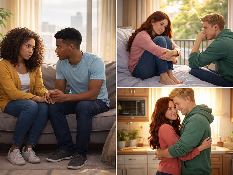 Couples in various scenes: having a serious conversation, reflecting separately, and embracing, depicting different ways of handling arguments and conflict.