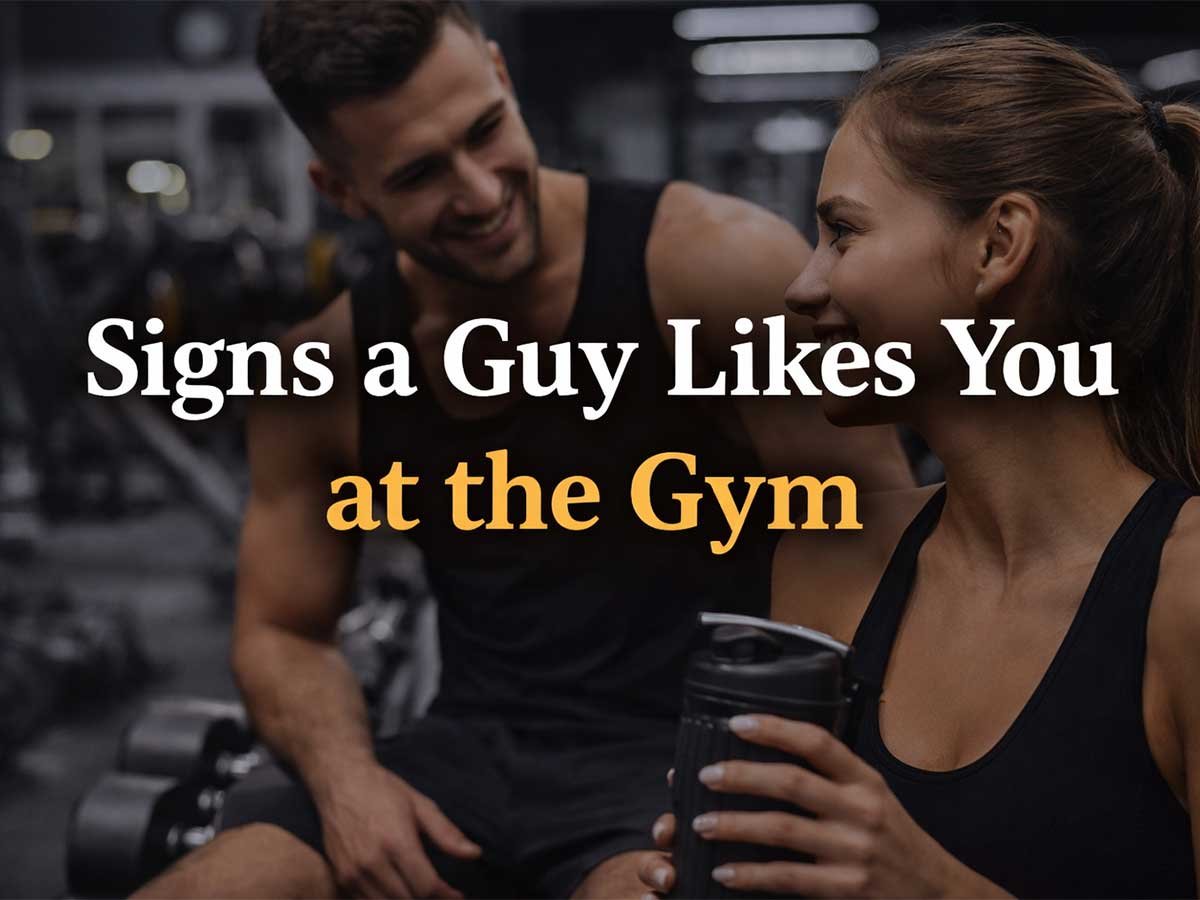 A man and woman smiling and talking at the gym, with text that says “Signs a Guy Likes You at the Gym.”