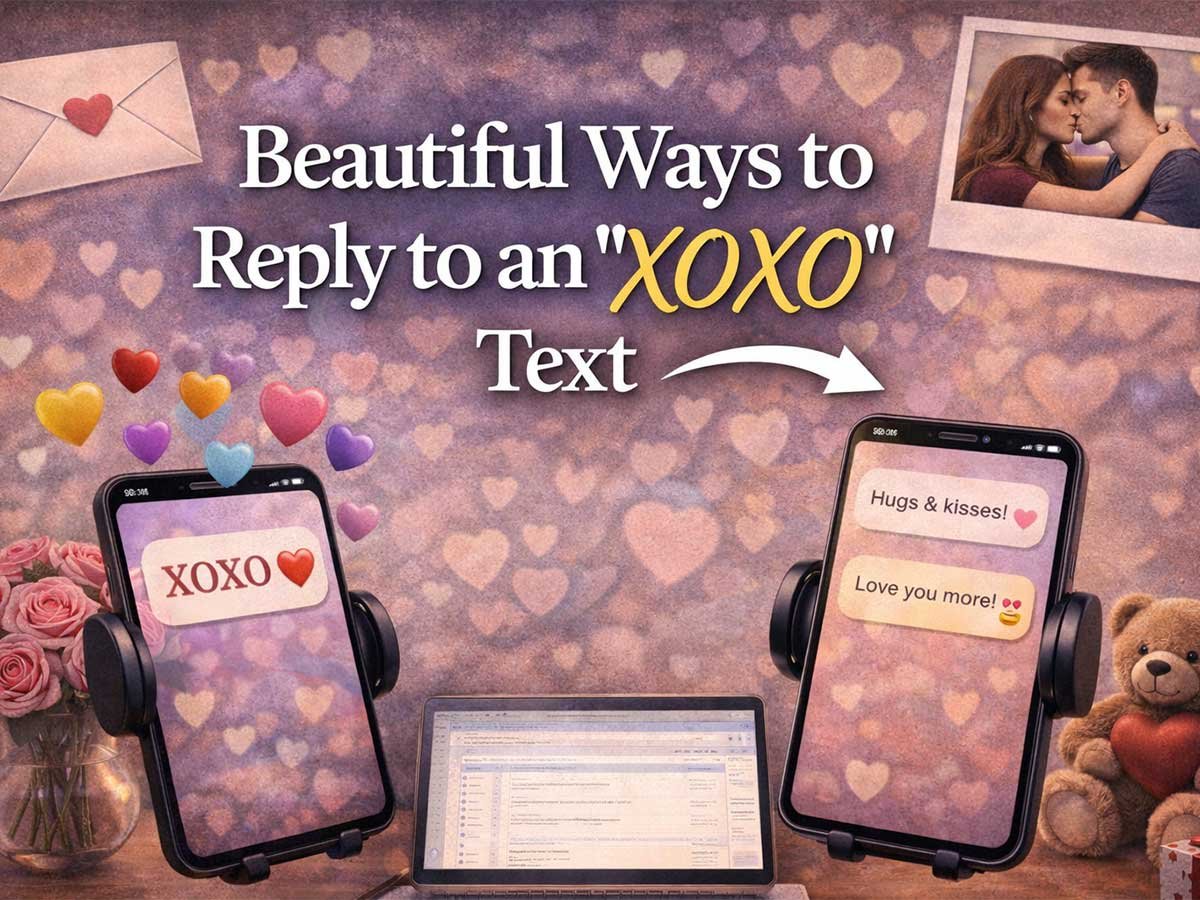 Graphic showing phones with “XOXO” and sweet replies, hearts, a teddy bear, and text about replying to an “XOXO” message.