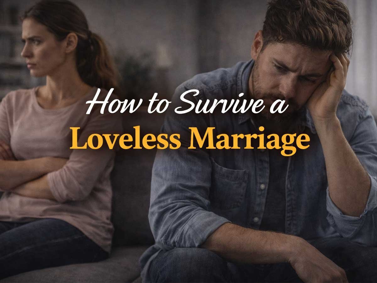 A married couple sitting apart on a couch, looking emotionally distant and unhappy, representing a loveless marriage.