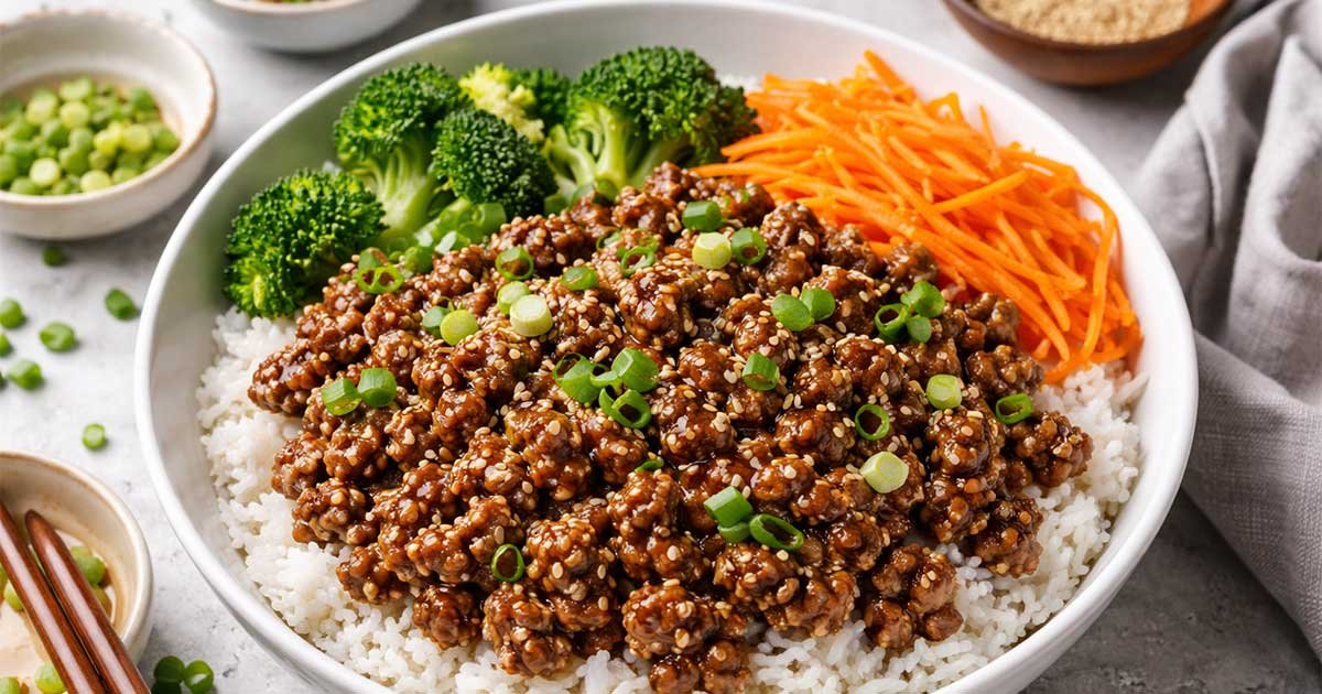 Korean ground beef bowl served over rice with broccoli, shredded carrots, sesame seeds, and green onions.