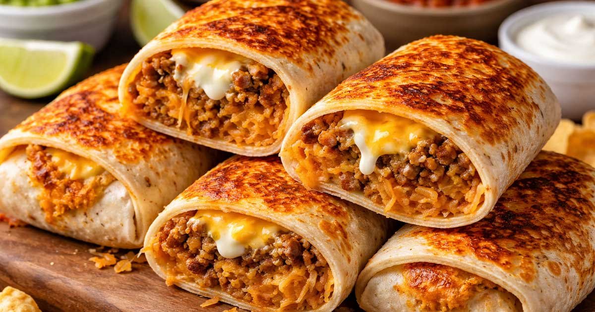 Stack of crispy grilled cheese burritos on a wooden board, cut open to show seasoned beef, rice, and melted cheese with dipping sauces in the background.