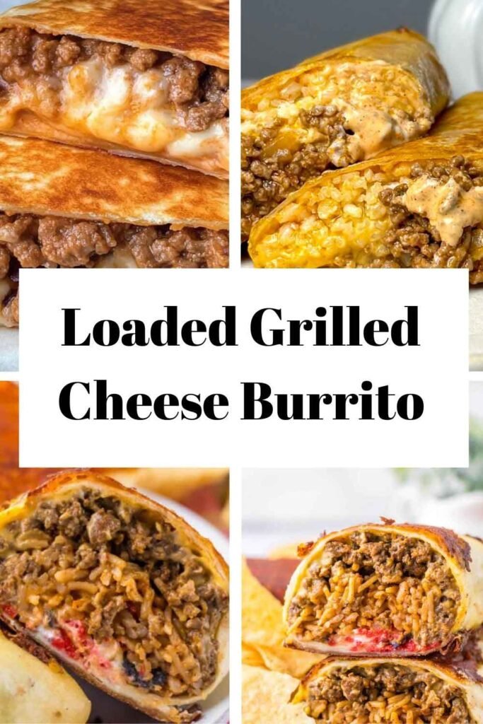 Loaded grilled cheese burrito cut open showing seasoned ground beef, fluffy rice, melted cheese, and creamy sauce wrapped in a golden, crispy tortilla.