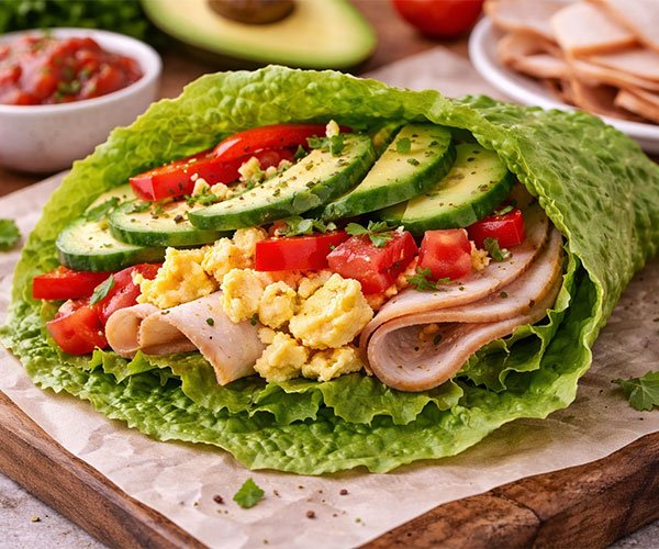 Low-carb breakfast wrap made with turkey, scrambled eggs, cucumber, and fresh vegetables wrapped in lettuce.