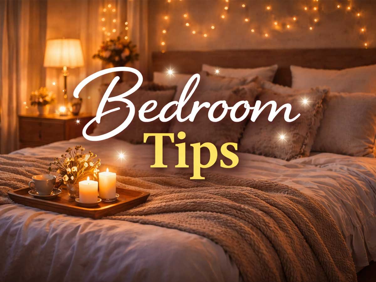 Cozy bedroom setting with soft lighting and candles, accompanied by the text 'Bedroom Tips' in a decorative font.