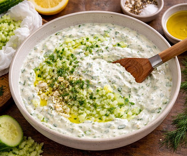 Bowl of creamy homemade tzatziki sauce with grated cucumber, dill, garlic, and olive oil being stirred.