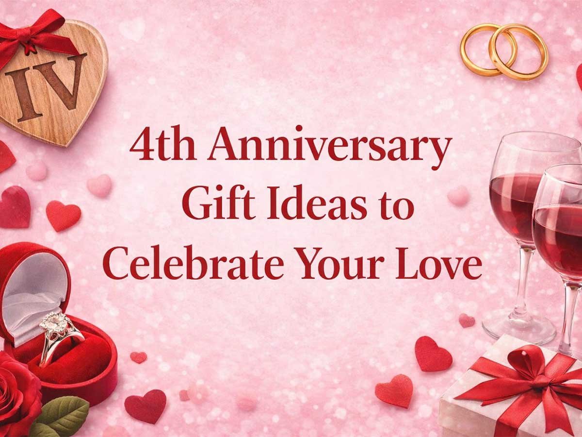 Pink anniversary-themed background with rings, wine glasses, a gift box, and text about 4th anniversary gift ideas.