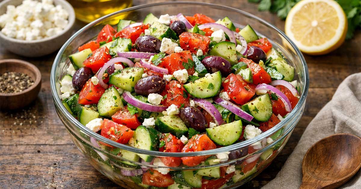 Mediterranean salad in a glass bowl with chopped cucumber, tomatoes, red onion slices, feta cheese, and Kalamata olives on a wooden table.
