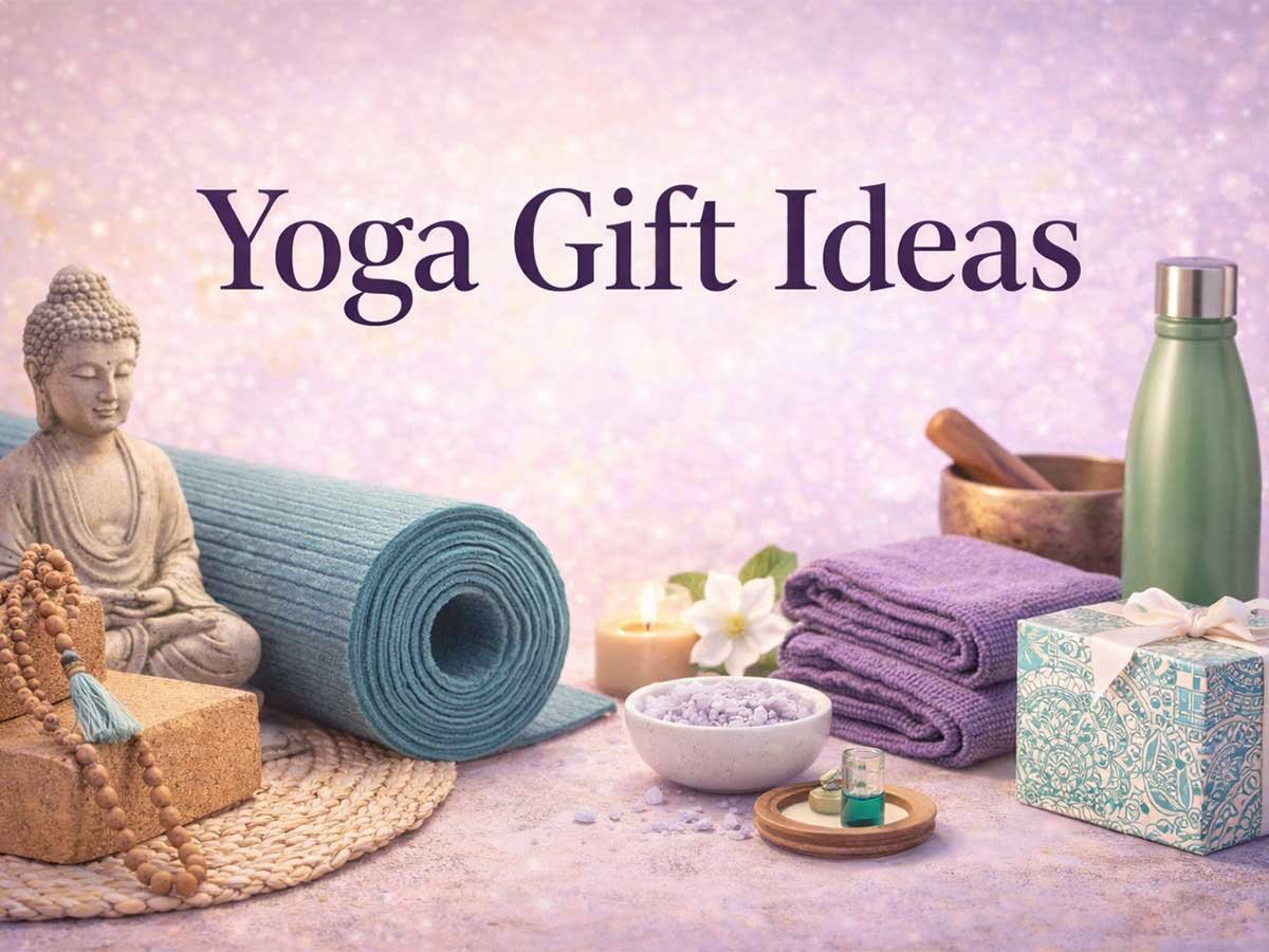 Yoga gift items like a mat, Buddha statue, candles, towels, essential oils, and a gift box with “Yoga Gift Ideas” text.