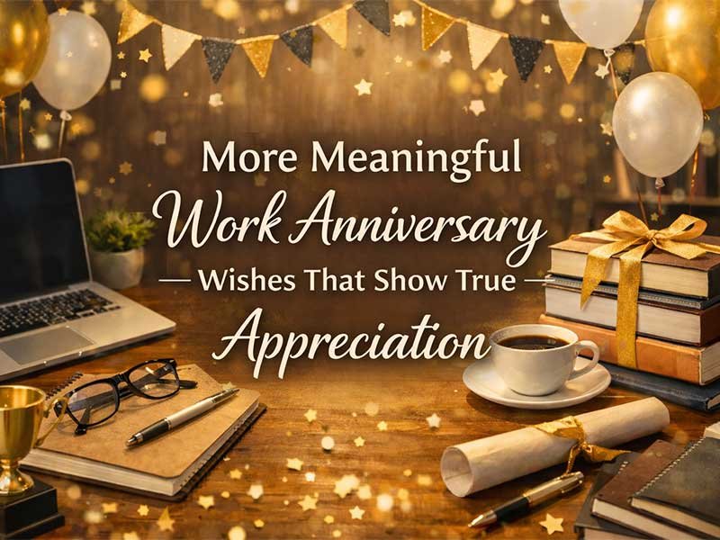 Work anniversary appreciation graphic with gold balloons and confetti, a desk with laptop, books, coffee, and the text “More Meaningful Work Anniversary Wishes That Show True Appreciation.”