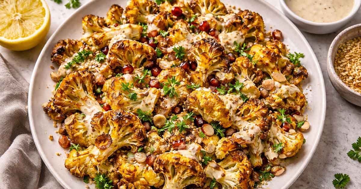 Roasted Moroccan cauliflower florets drizzled with tahini-honey sauce, garnished with fresh herbs and sesame seeds on a ceramic plate.