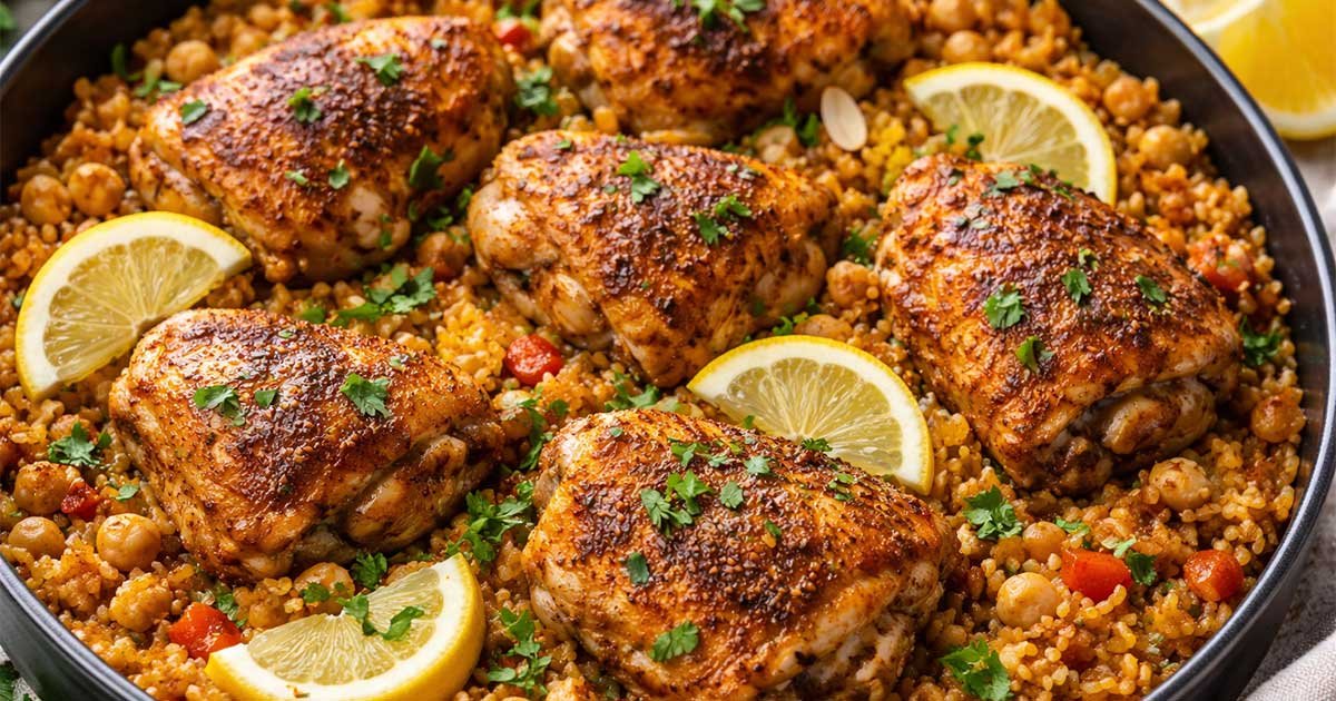 Spiced Moroccan chicken thighs served over seasoned rice with chickpeas and lemon slices in a skillet.