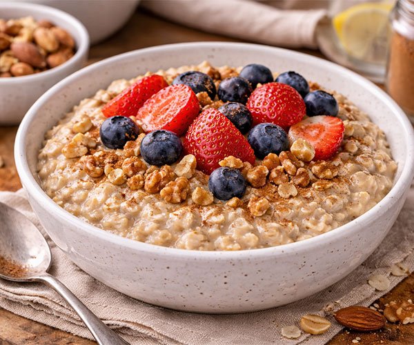 Diabetes-friendly oatmeal bowl topped with fresh berries, chopped nuts, and a sprinkle of cinnamon.