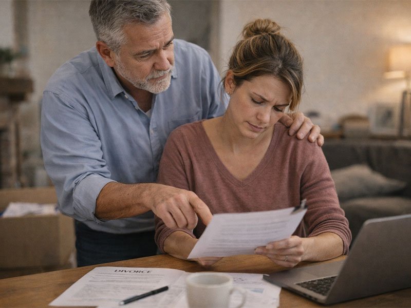 A concerned older man gently comforts stressed daughter as she reads paperwork at a table with a laptop and divorce documents.