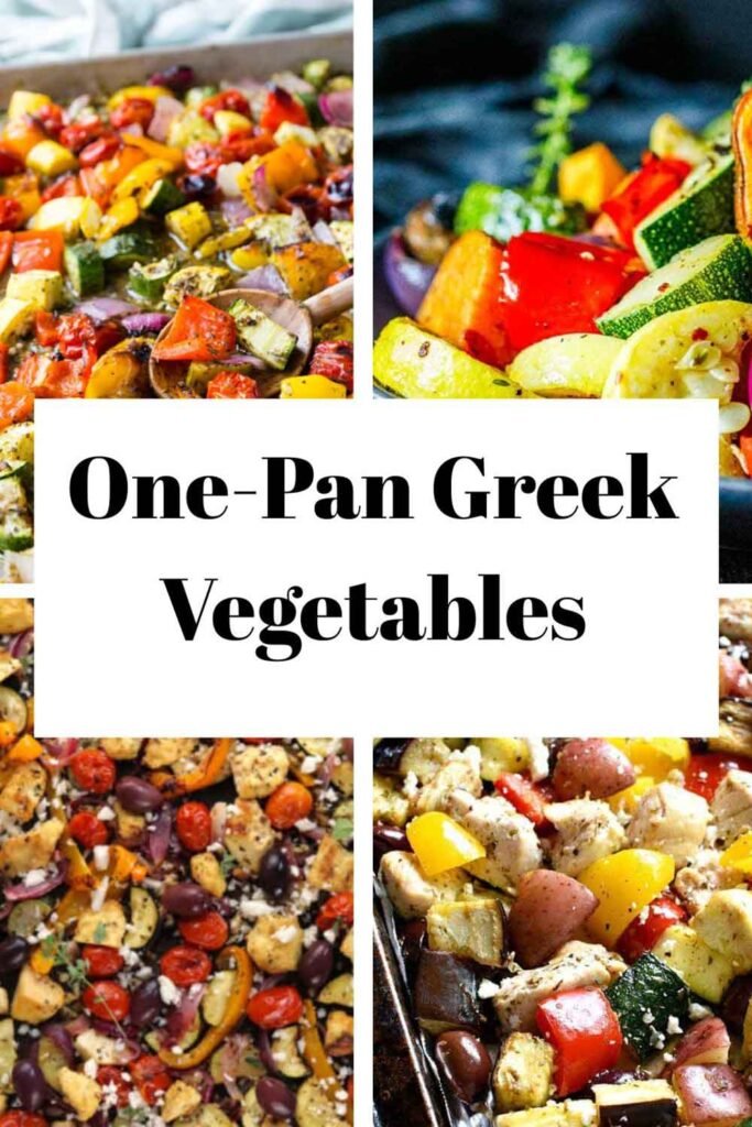 Collage of roasted one-pan Greek vegetables with zucchini, bell peppers, cherry tomatoes, red onion, potatoes, olives, and feta, shown in four close-up sections with a clean white center panel.