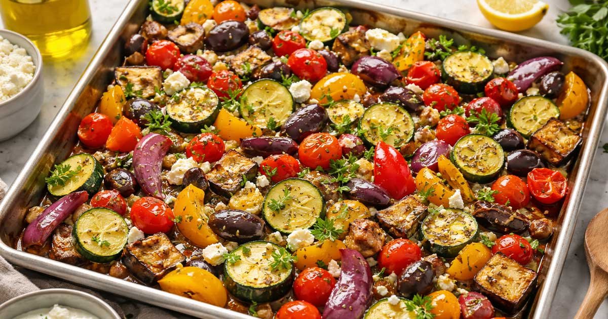 One-pan Greek vegetables roasted on a sheet pan with zucchini, bell peppers, cherry tomatoes, eggplant, red onion, Kalamata olives, and crumbled feta, garnished with fresh herbs and lemon.