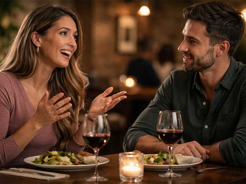 A couple on a dinner date at a cozy restaurant, smiling and talking. The woman gestures while speaking, and the man listens with a warm smile. Two glasses of red wine, plates of salad, and a candle are on the table.