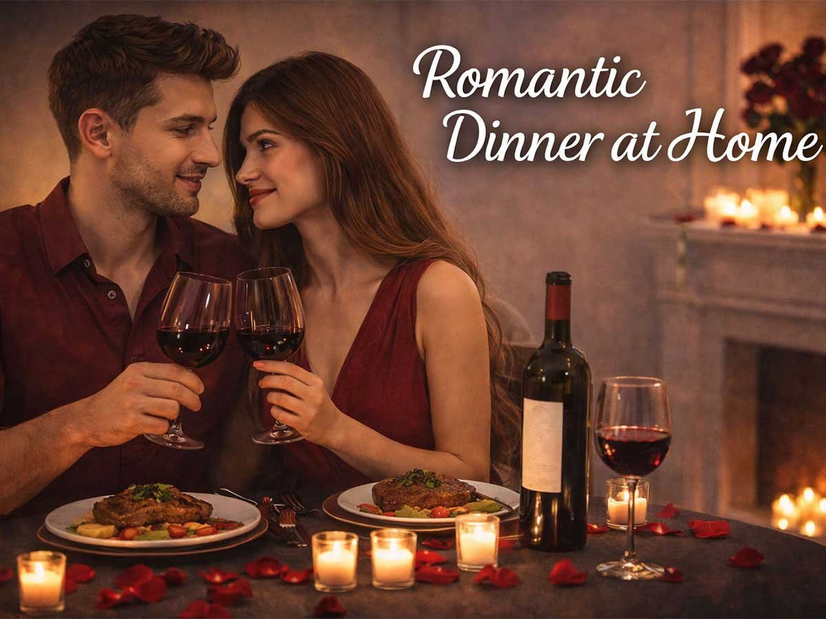 A couple enjoying a romantic candlelit dinner at home, holding wine glasses and smiling at each other.