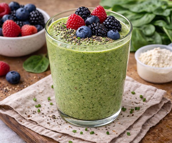 Green protein smoothie with spinach and mixed berries topped with seeds in a clear glass.